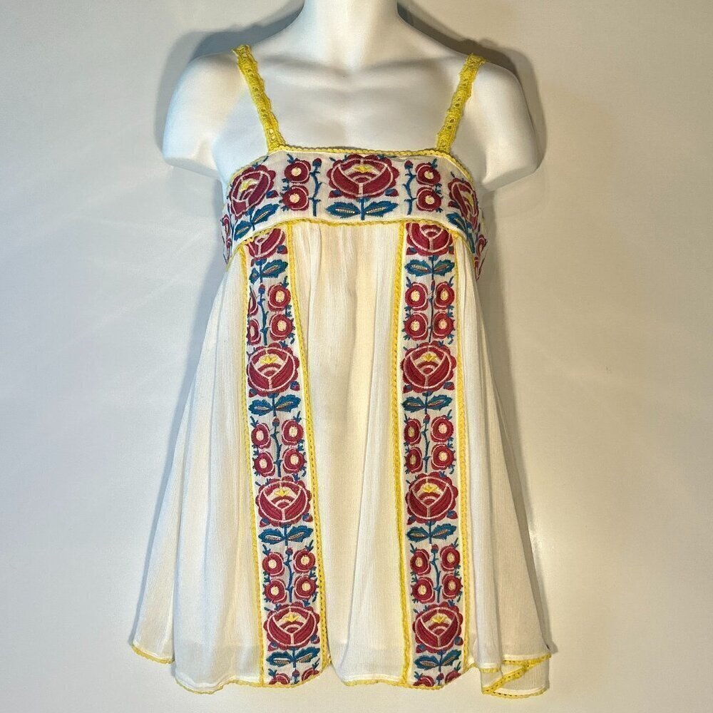 Smell the Roses Cream Embroidered Mini Dress with Red & Blue Accents